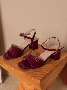 Wine Red New Fashion Women's High Heel Sandals, Minimalist Style With Back Strap, Single Strap, Chunky Heel, Square Toe, Open Toe, Peep Toe Slippers - Burgundy - View 2