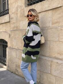Women's Fall/Winter V-Neck Contrast Color Camo Pattern Jacquard Long Sleeve Loose Daily Versatile Mid-Length Knit Cardigan - Green - View 3