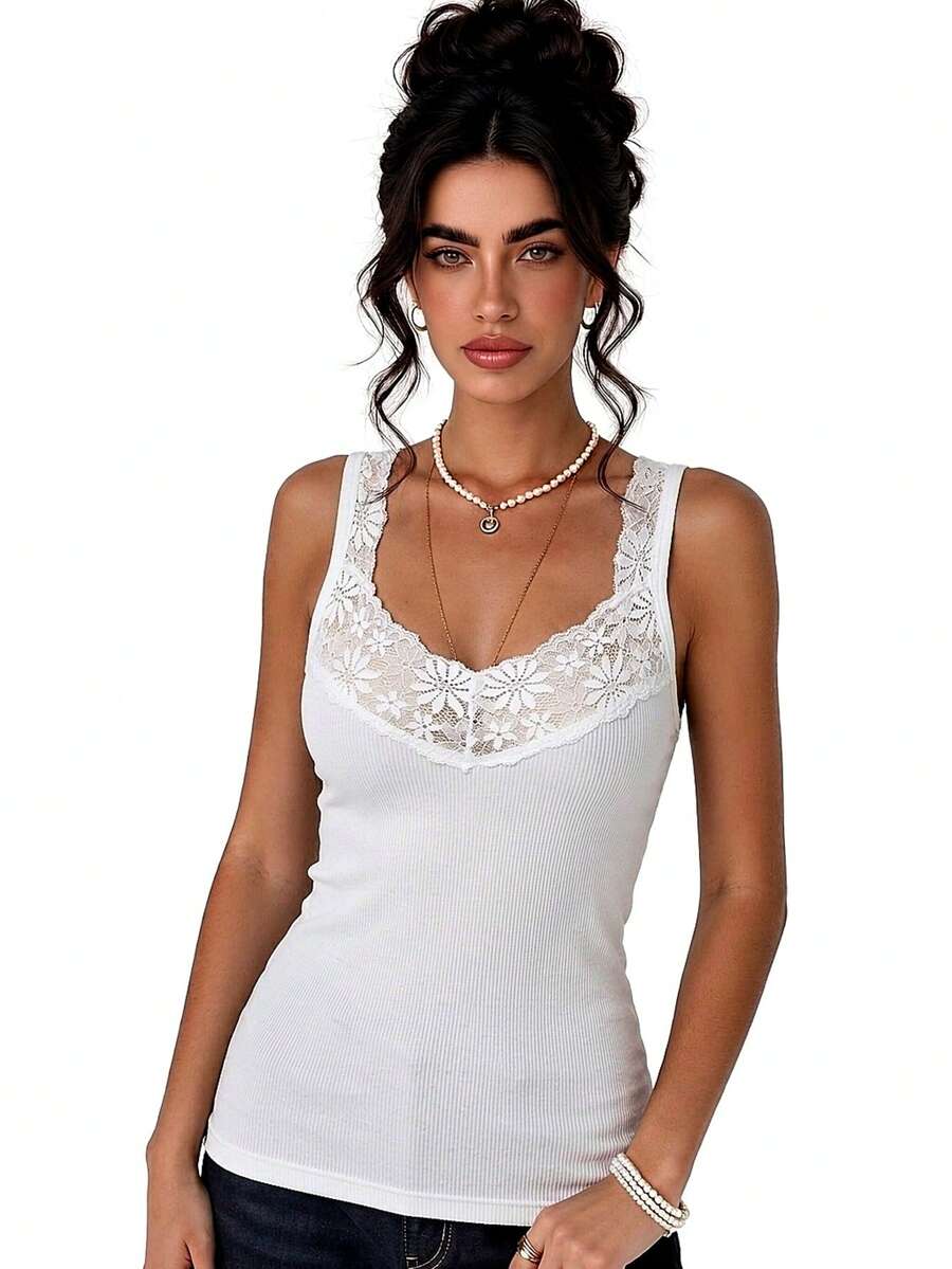 1pc Floral Lace V Neck Ribbed Tank Top For Women, Wide Strap Slim Fit Cami Top, Stretch Sleeveless Vintage Style Basic For Layering - White - View 1