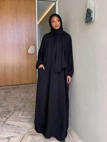 1件女款簡約日常祈禱頭巾（Abaya） - 黑色 - 查看 4
