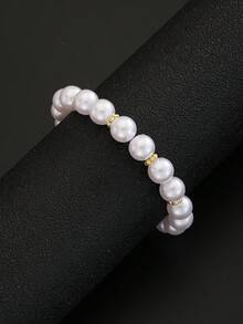 1件女孩白色仿珍珠串珠彈性手鍊，附金色隔珠，兒童飾品，可愛優雅，適合日常配戴、生日派對、聖誕禮物 - 白色 - 查看 6
