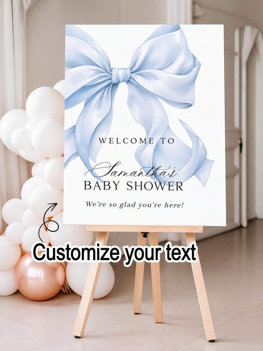 Customizable Blue Bow Baby Shower Welcome Sign, Artistic Canvas Wall Painting Gift Wall Decor, Valentine's Day Wedding Gift, Home, Couples, Friends, Wedding Poster And Print, Personalized Frameless, Unique Gift-Celebrate Anniversary, Birthday, Wedding, Etc.; Fashionable Home Decor, Room Hanging Flag; Suitable For Valentine's Day, Christmas; - Multicolor - View 1
