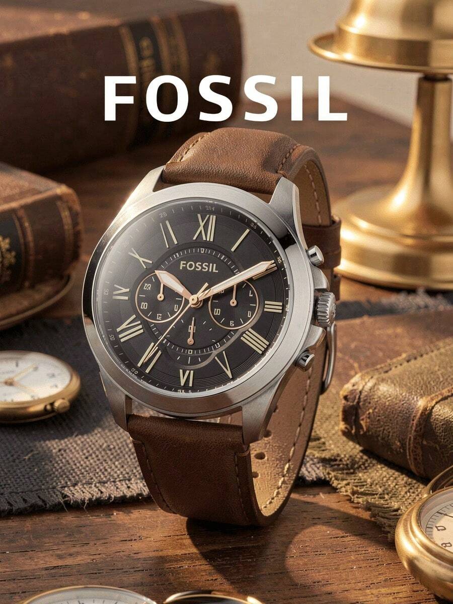 Fossil FS4813IE Grant Chronograph Men Watch,44mm Stainless‑Steel Case,Brown Textured Strap,Black Roman Numeral Dial,5ATM Water Resistant - one-size - View 1