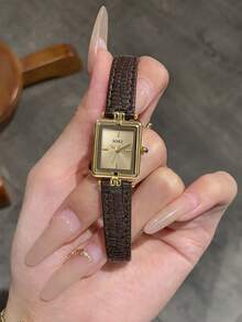 1pc Vintage Quartz Watch, Daily Wear, PU Leather Strap, Square Dial, Business Casual Minimalist Style Compact Watch, Gift Selection - Brown - View 5
