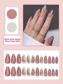 24pcs Medium Almond-Shaped Press-On Nails, Pink Nude Cat Eye Texture With Glossy Butterfly Decoration, Elegant And Unique, Full Coverage Design, Suitable For Women And Girls Summer Use, Applicable For Daily, Office, Home, Party And Other Occasions Nail Art Supplies - Baby Pink - View 2