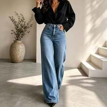 Women's Blue Denim Wide Leg Pants, Button Detail Design, Loose Long Fit, Casual Bohemian Style, Suitable For Spring Wear, Medium Stretch Fabric - Medium Wash - View 2