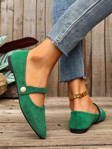 All-Season Lightweight Shallow-Cut Pointed Toe Mary Jane Flat Slip-On Women's Shoes, Versatile Casual Fashion Loafers For Daily Commute - Dark Green - View 5