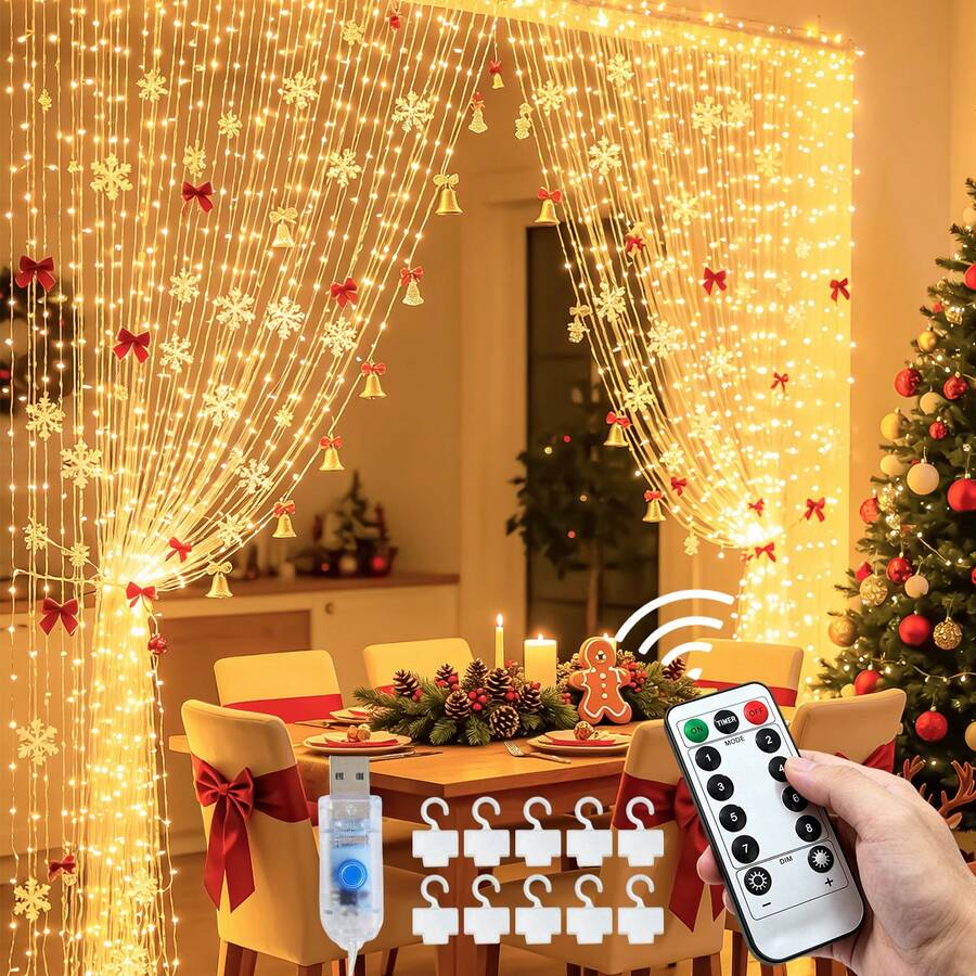 1 Pack, 300/200/100 LED Christmas Curtain Lights With Remote Control, USB Powered, 8 Lighting Modes, Timer Hanging Fairy String Lights For Bedroom, Wall, Wedding, Party, Christmas Decoration