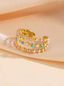 1pc 18K Gold Plated Stainless Steel Round Bead Oil Drop Open Ring, Suitable For Women's Daily Wear - Multicolor - View 3