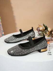 Shiny Square Toe Rhinestone Decorated Women's High Heel Pumps, Fashion Casual Comfortable Mary Jane Low Heel Slip-On Shoes For Daily Commute, Party And Outdoor Wear - Black - View 6
