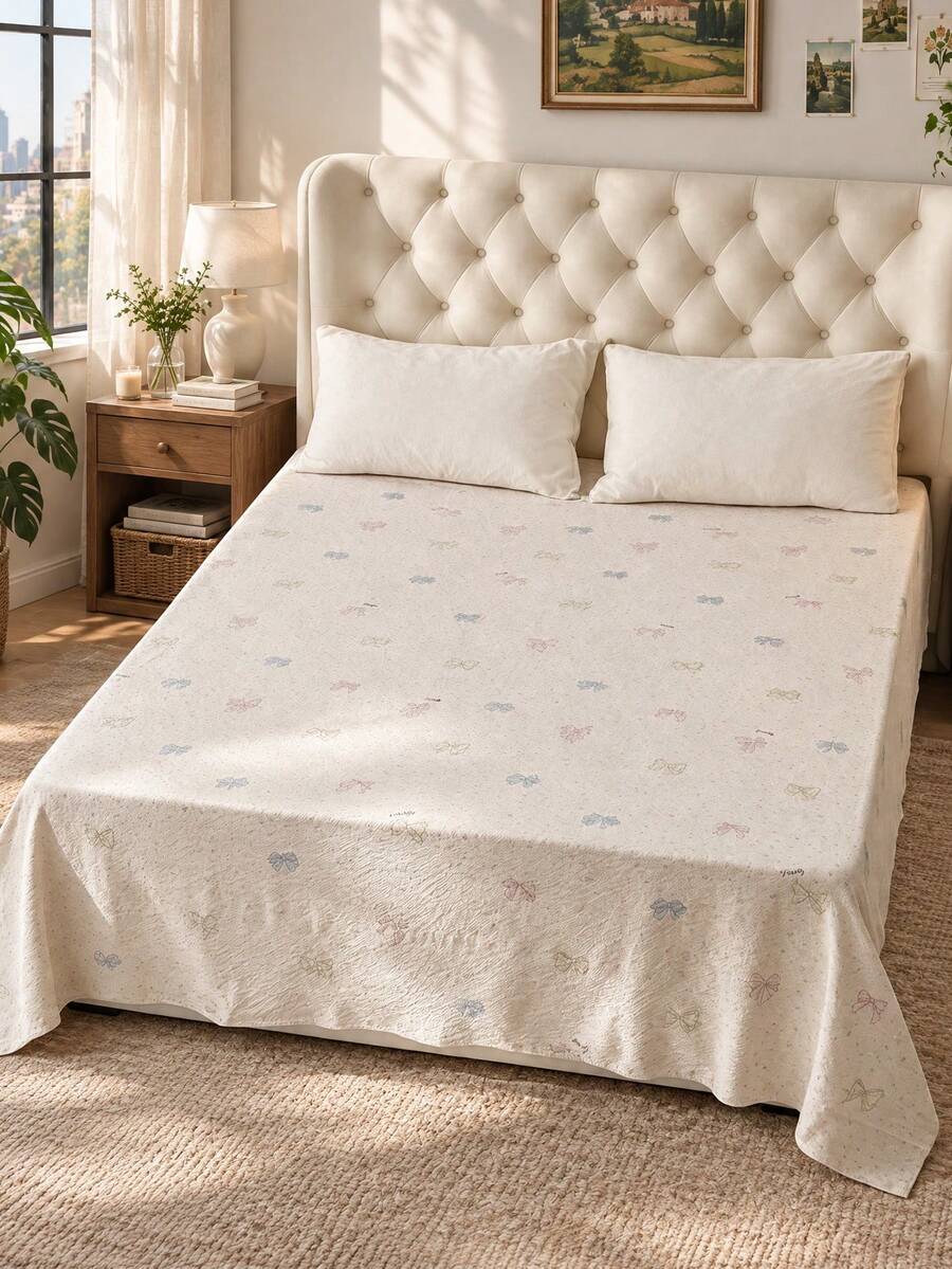 1pc 100% Polyester Bohemian Style Bed Sheet, Bubble Fine Stripe Texture, Wrinkled Embossed Texture, Lightweight Solid Color, Comfortable And Breathable Bedroom Decor
