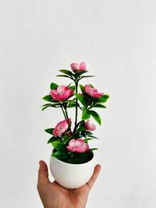 Home Decor Small Potted Plants Pink Series Wax Plum + Rose, Anti-Ceramic Plastic White Round Pot, White Square Pot, Fresh Style, Desktop Office Desk Photo Prop Small Bonsai, Decorative Flower Pot - Pink - View 4