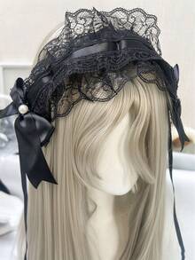 1pc Black Lace Headband With Pink Bow & Ribbon Side Clip, Lolita Style Women Fashion Cosplay Hair Accessory, Halloween - Black - View 4