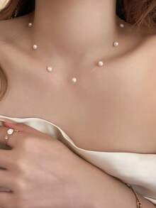 1pc Beige Faux Pearl Necklace French Elegant Lady Commute Date Collarbone Chain Elegant Casual Holiday Neck Accessory - Beige - View 7