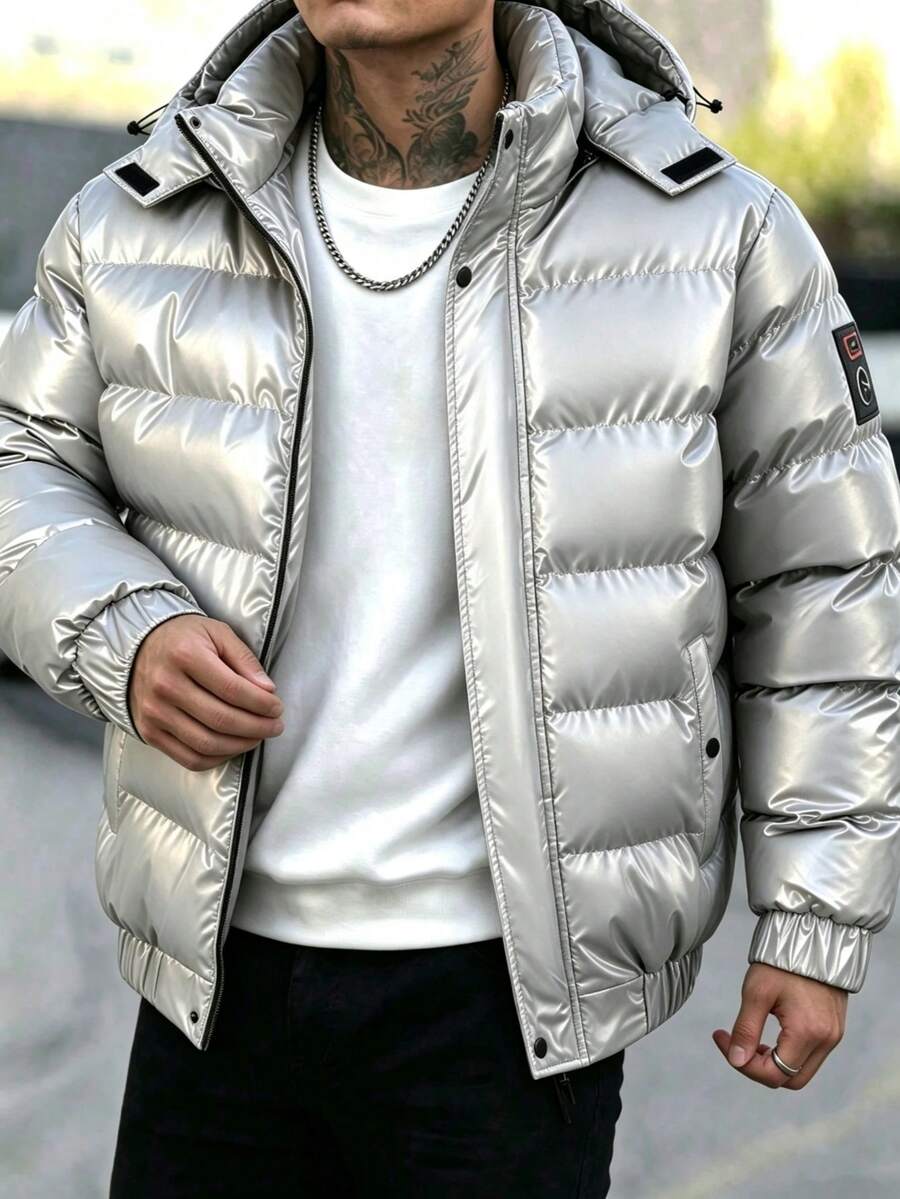 Men's Padded Coat, PU Leather Solid Color High Collar Zipper Winter Long Sleeve Padded Coat, Casual Commute Streetwear