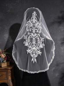 1pc Pearl Trim Lace Embroidered Bridal Veil Headband Mantilla Veil With Floral Scroll For Wedding - Off White - View 10