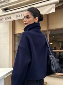 Women's Autumn/Winter Navy Blue Casual Wool Jacket, Stand Collar Button Design Long Sleeve Short Overcoat, Suitable For Commuting, Dating, Daily Wear - Navy Blue - View 10
