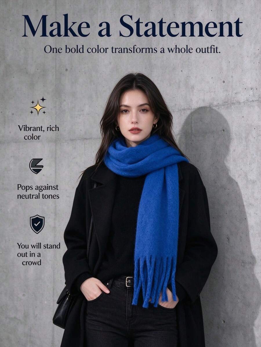 Women Mohair Solid Color Scarf Korean Style Thick Warm Tassel Shawl Wrap Cozy Oversized Neck Warmer - Multicolor - View 1