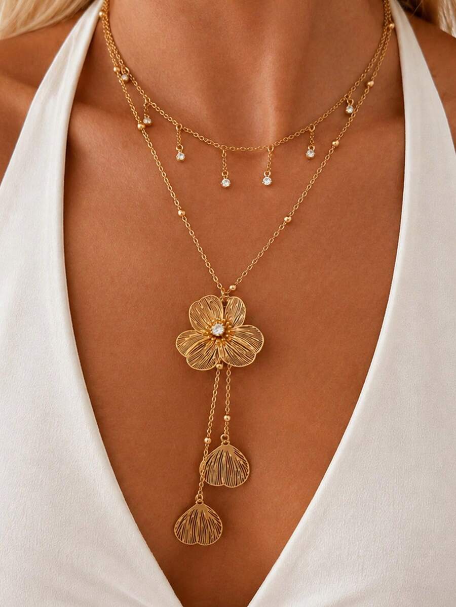 1pc Fashion Minimalist Ginkgo Leaf Rhinestone Flower Tassel Necklace, Suitable For Girls' Daily Wear, Dating, Vacation, Wedding, Festival And Mermaid Accessory - Gold - View 1
