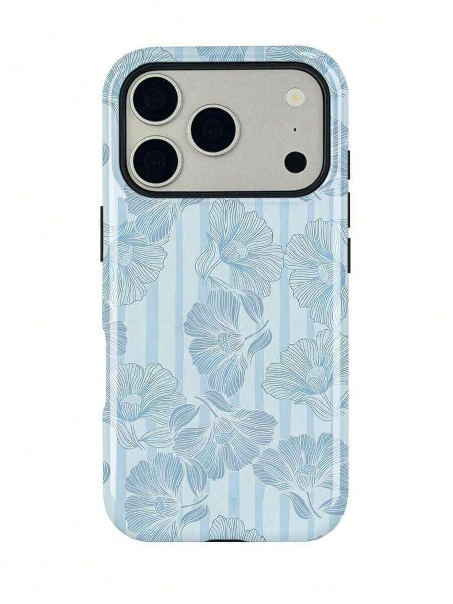 1pc Light Blue Stripe Fresh Floral Pattern 2 In 1 Film Phone Case,Compatible With IPhone 18 Pro Max 17 Pro Max 16 Pro Max 15 Pro Max 14 Pro Max & 11/12/13/14/15/16/17/18 Pro/Plus - Baby Blue - View 1