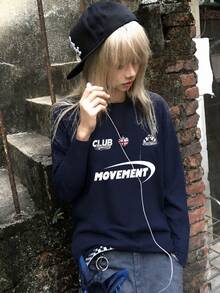 Autumn/Winter New Y2K American Vintage Letter Print Loose Long Sleeve T-Shirt - Navy Blue - View 3