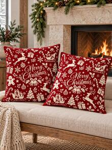 shangxia 2PCS--Christmas Pattern Allover Print Pillow Covers, Vintage Burgundy And Beige Reindeer Gingerbread Man Snowflake Full Print Pattern Living Room Sofa Holiday Decor Throw Pillow Covers--Pillow Insert Not Included - Multicolor - View 8