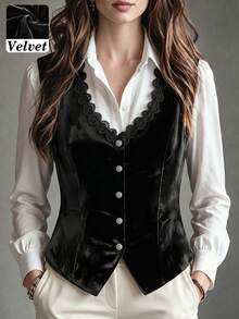 Women's Autumn/Winter Elegant Commute Holiday Inner/Outer Wear High-Quality Solid Color Lace Trim V-Neck Metal Four-Button Fitted Sleeveless Blazer - Black - View 4