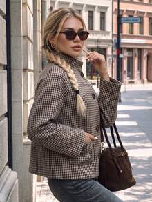 Women Fall Winter Houndstooth Stand Collar Long Sleeve Short Jacket,Button Front With Pockets, Chic Elegant Outerwear For New Year,Daily Dating,Office - Brown - View 9