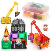 Magnetic Building Blocks Set, Construction Magnetic Blocks With Crane, Flatbed Truck, Road Components. STEM Educational Magnetic Toy, Suitable For Boys And Girls Aged 3 And Above - Multicolor - View 1