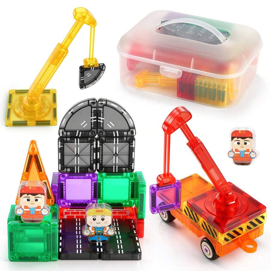 Magnetic Building Blocks Set, Construction Magnetic Blocks With Crane, Flatbed Truck, Road Components. STEM Educational Magnetic Toy, Suitable For Boys And Girls Aged 3 And Above - Multicolor - View 1