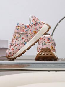 1 Pair New Floral Baby Sports Shoes, Girls Pastoral Floral Shoes, Hook And Loop Design For Easy On And Off - Pink - View 9