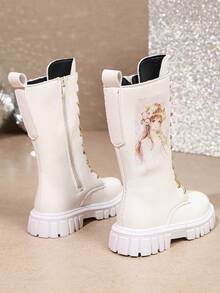 1 Pair Girls White Princess Style High-Top Boots, Soft PU + Colorful Print Decoration, Round Toe Elastic Soft Sole Inner Zipper Design, Sweet & Cool Princess Style High-Top Boots, Suitable For Daily, Holiday, Party - White - View 4