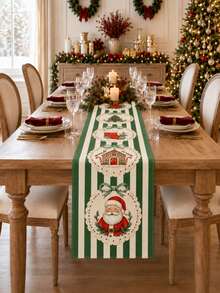 1pc/2pcs Christmas Table Runner 13x72 Inch Santa Gingerbread House Print, Red White Striped Holiday Table Decor, Vintage Farmhouse Christmas Dining Room Decoration, Winter Home Party Supplies - Green Stripes - View 5