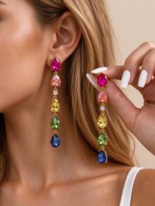 1 Pair New Fashion Colorful Rhinestone Long Water Drop Tassel Earrings, Unique Exquisite High-End Versatile Earrings For Women, Suitable For Daily Wear, Party, Wedding - Earring - View 2