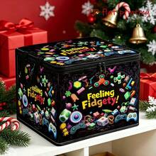 1pc Stress Relief Theme Fabric Storage Box With Flip Lid, Black Background With Colorful Finger Fidget Toy Print, Printed With "Feeling Fidgety" Funny English Text, Reinforced Handle Design, Large Capacity Foldable, Flip Lid Dust-Proof Storage For Various Items, Personalized Storage, Ideal Holiday Gift - A - View 3