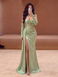 Elegant One-Shoulder Draped A-Line Maxi Dress, Ruched Waist, Flowy Full Skirt, Slimming Fit, Suitable For Photos, Beach Vacation, Resort - Mint Green - View 6