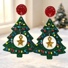 Glitter Hollow Christmas Tree Earrings, Colorful Light String & Gold Star Pendant Ear Studs, Christmas Holiday Party Accessories - Multicolor - View 8