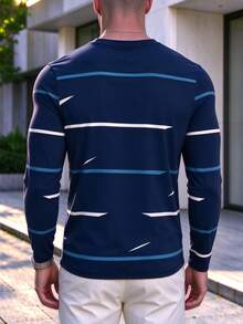 Men's Autumn Casual Streetwear Soft Knit V-Neck Long Sleeve T-Shirt, Navy Blue Striped Slim Fit, Everyday Urban Streetwear Top - Multicolor - View 4