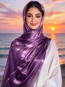 قطعة واحدة وشاح نسائي مرسوم يدويًا بتدرج ألوان مع أحجار الراين، حجاب أنيق عصري جديد، شال ناعم وخفيف الوزن - متعدد الألوان - مشاهدة 14