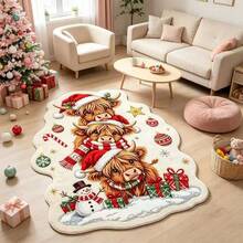 1PC Christmas Highland Cow Shaped Rug, Living Room Bedroom Holiday Decor Mat, Snowman Gift Cartoon Plush Foot Mat, High-Density Soft Fluffy Skin-Friendly Texture, Machine Washable And Hand Washable For Easy Care, Place In Living Room In Front Of Sofa, Bedroom Bedside, Christmas Tree Base Or Reading Corner, Instantly Fill The Room With Warm Christmas Atmosphere, Perfect Practical Holiday Gift For Family And Friends, Bedroom Decor, Small Rug, Home Decor, Living Room Rug, Living Room Small Rug, Bedroom Rug, Living Room Home Decor - Multicolor - View 1