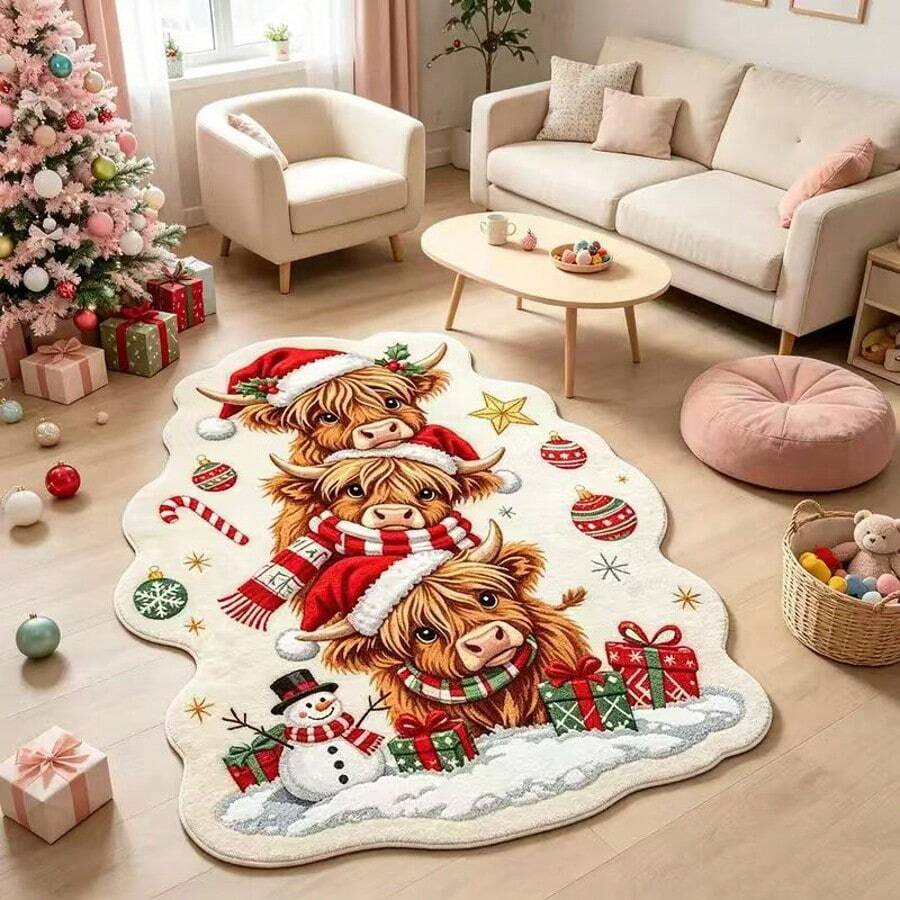 1PC Christmas Highland Cow Shaped Rug, Living Room Bedroom Holiday Decor Mat, Snowman Gift Cartoon Plush Foot Mat, High-Density Soft Fluffy Skin-Friendly Texture, Machine Washable And Hand Washable For Easy Care, Place In Living Room In Front Of Sofa, Bedroom Bedside, Christmas Tree Base Or Reading Corner, Instantly Fill The Room With Warm Christmas Atmosphere, Perfect Practical Holiday Gift For Family And Friends, Bedroom Decor, Small Rug, Home Decor, Living Room Rug, Living Room Small Rug, Bedroom Rug, Living Room Home Decor - Multicolor - View 1