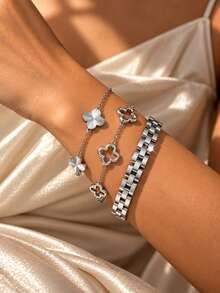 VceTd 1 Set Fashion Style Clover Stainless Steel Jewelry Set Suitable For Women's Fashion Commute Or Daily Wear - Silver - View 2