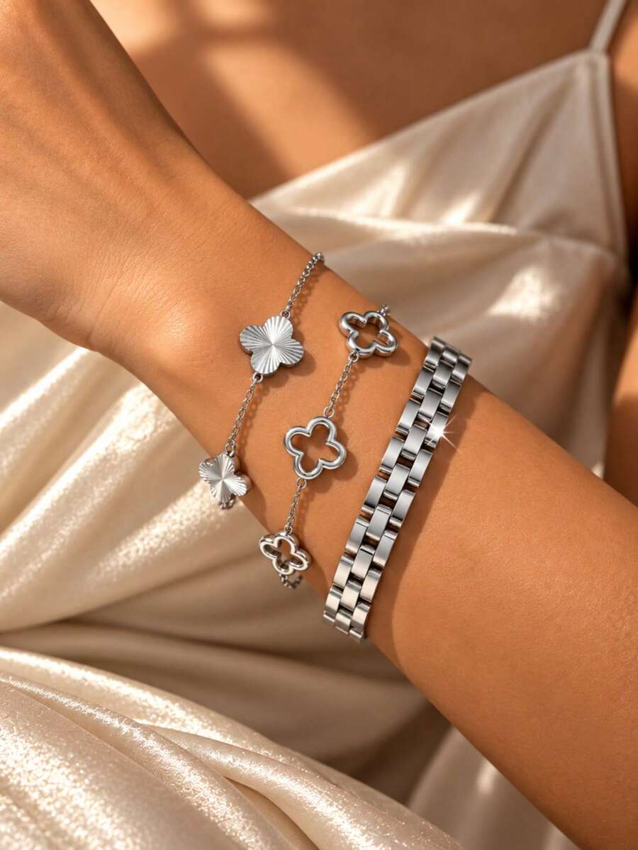 VceTd 1 Set Fashion Style Clover Stainless Steel Jewelry Set Suitable For Women's Fashion Commute Or Daily Wear