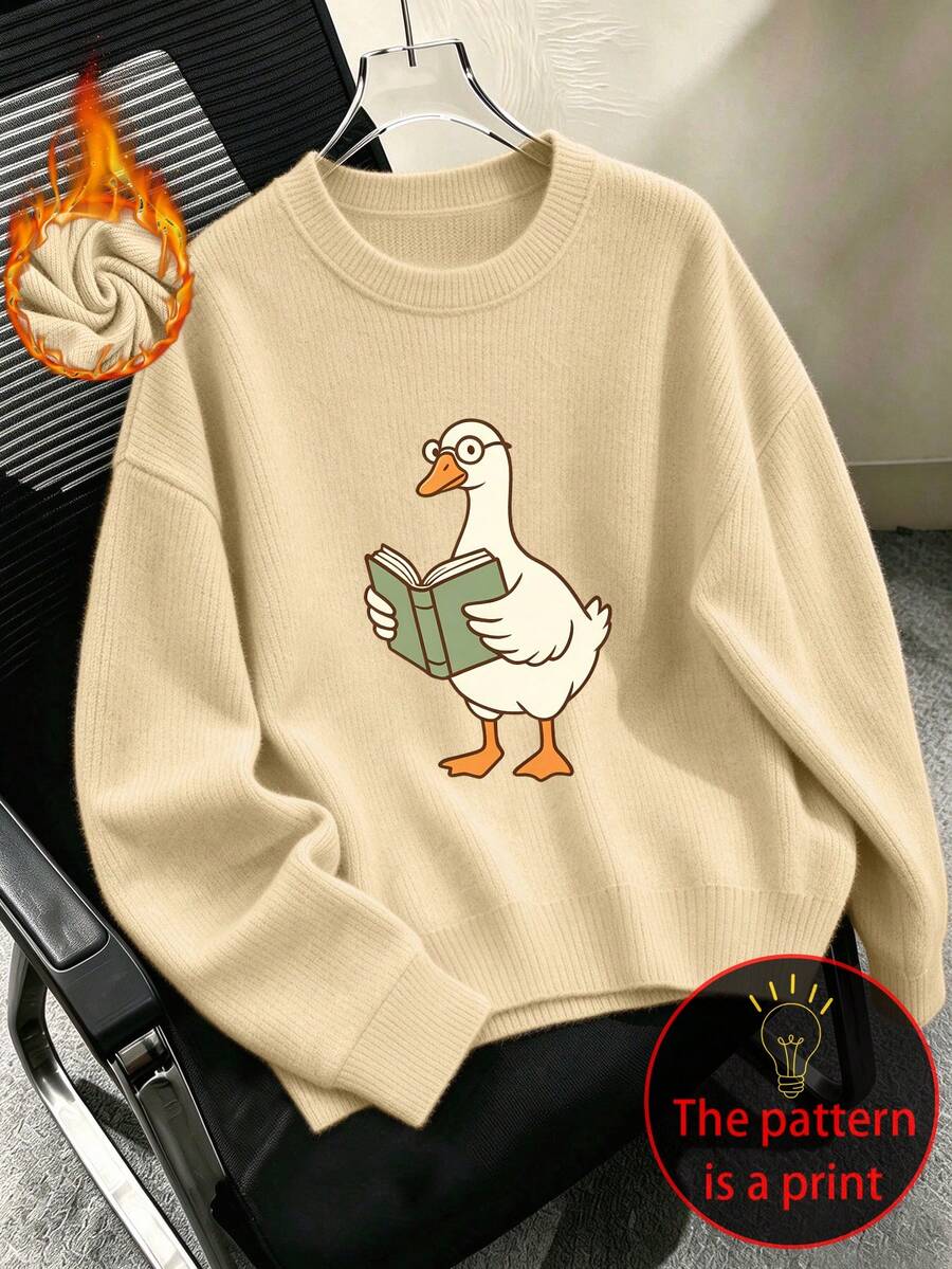 Plus-Size Women's Knitted Sweater-Style Top With A Cartoon Reading Duck Print, Casual And Comfortable, Perfect For Everyday Wear In Autumn And Winter. - Apricot - View 1