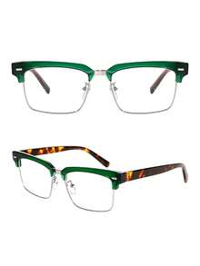 1 Pair Metal Square Frame Glasses, Suitable For Men To Wear At Formal Occasions, Vacations, Daily Wear, Work And Travel, Combining Fashionable Street Style - Green Frame - View 5