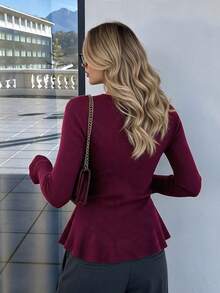 Women's Burgundy Ribbed Knit Cardigan, Round Neck Rufle Placket Gold Button Long Sleeve Peplum Sweater - Burgundy - View 6