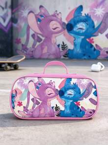 Disney 1PC Men's Stitch And Angel Print Handheld Pouch, Pink Zippered Bag With Carry Handle And Interior Mesh Pocket For Daily Essentials And Travel - Multicolor - View 6