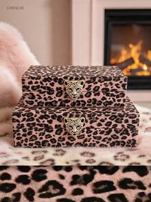 1 Set 2pcs Large & Small PU Leather Jewelry Boxes, Rhinestone Leopard Head Clasp Leopard Print Lid Jewelry Storage Box, Velvet Lining Bedroom Vanity Home Decor Gift Box - Light Multicolor - View 14