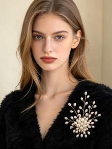 1pc Luxury Style 3D Floral Branch Pearl Brooch, Gold Metal Wire Handmade Pearl Accessory, Banquet Dress Daily Decoration Pin - Multicolor - View 2