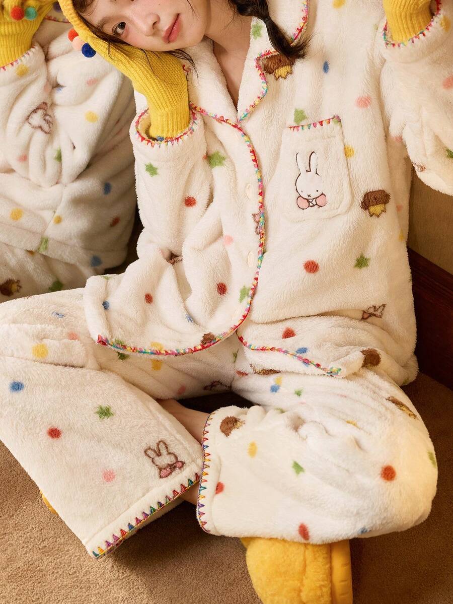 Gongdie MIFFY 2pcs Women's Flannel Pajama Set, Winter Thick Fleece Loungewear With Colorful Zigzag Trim And Pockets - Beige - View 1